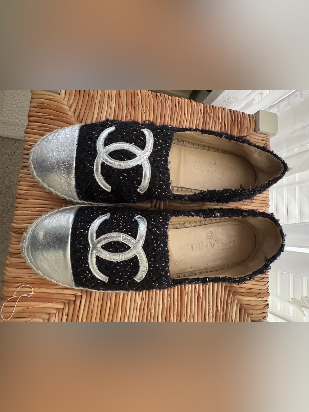 CHANEL Black Tweed Flats with Silver Cap-Toe & CC Logo